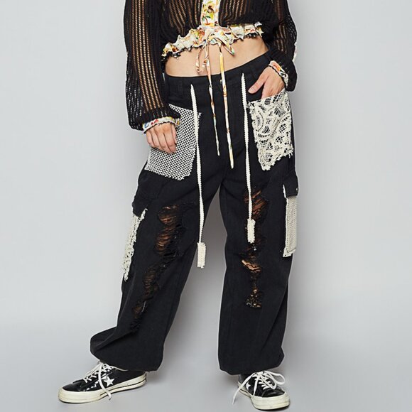 POL Pants - POL Distressed Twill Jogger Pants w/ Crochet Patches | Black | NWT | Large